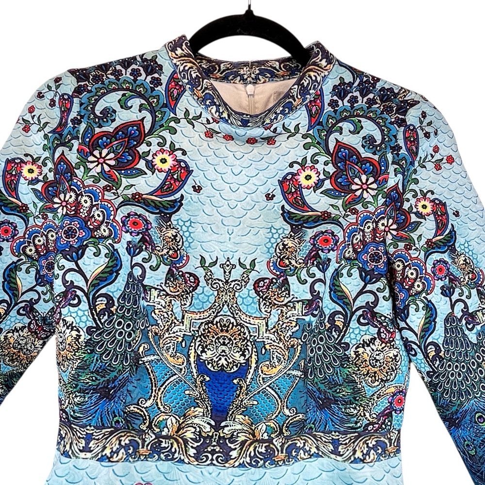 Comino Couture London Peacock Skater Dress Blue Baroque Print Party Event XS / S - Picture 6 of 10